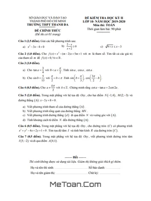 Đề thi học kì 2 môn Toán lớp 10 năm 2019 - 2020 trường THPT Thanh Đa - TP.HCM (Có đáp án)