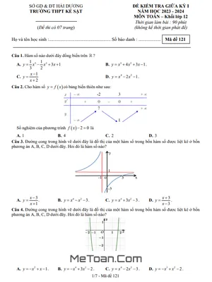 Đề Thi Giữa Kỳ 1 Toán 12 Năm 2023 - 2024 Trường THPT Kẻ Sặt - Hải Dương