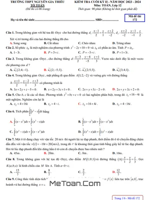 Đề thi cuối kỳ 2 Toán 12 năm 2023 - 2024 trường THPT Nguyễn Gia Thiều - Hà Nội