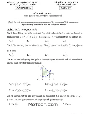 Đề thi HK2 Toán 12 năm 2018 - 2019 trường Quốc tế Á Châu - TP HCM