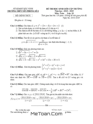 Đề thi HSG Toán 10 cấp trường năm 2018 - 2019 trường Yên Phong 2 - Bắc Ninh