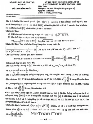 Đề thi chọn học sinh giỏi Toán 12 năm 2020 - 2021 Sở GD&ĐT Gia Lai (Bảng B)