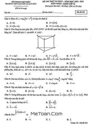 Đề thi thử THPT 2024 môn Toán trường chuyên Lê Quý Đôn - Điện Biên