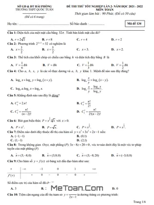 Đề thi thử Toán TN THPT 2022 lần 2 trường THPT Quốc Tuấn – Hải Phòng