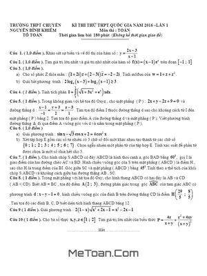 Đề thi thử THPT Quốc gia 2016 môn Toán chuyên Nguyễn Bỉnh Khiêm - Vĩnh Long (có đáp án)