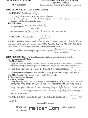 Đề thi và đáp án môn Toán khối D năm 2011 - Tuyển sinh Đại học, Cao đẳng