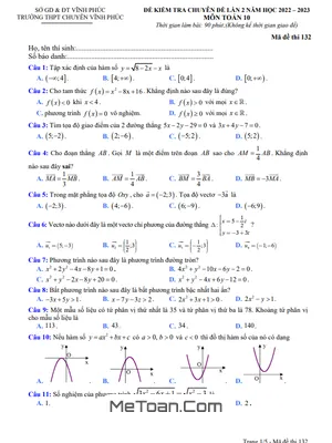 Đề kiểm tra Toán 10 lần 2 năm 2022 – 2023 trường THPT chuyên Vĩnh Phúc