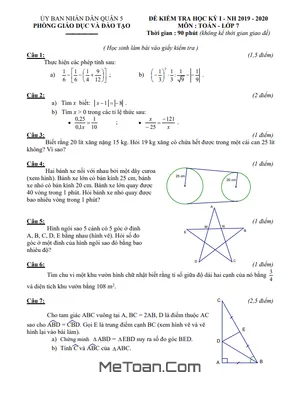 Đề thi học kỳ 1 Toán 7 năm 2019 - 2020 phòng GD&ĐT Quận 5 - TP HCM