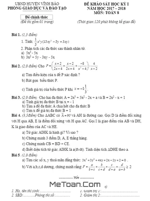 Đề thi HK1 Toán 8 năm học 2017 - 2018 phòng GD&ĐT Vĩnh Bảo - Hải Phòng