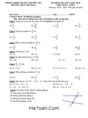 Đề thi giữa kì 2 Toán lớp 6 năm 2023 - 2024 trường THCS Thị Trấn - Hà Nội