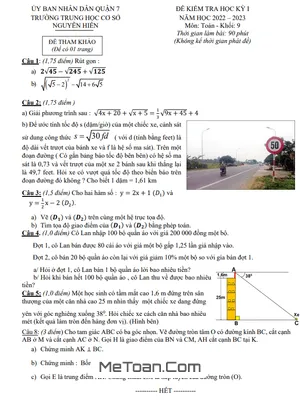 Đề Tham Khảo Học Kỳ 1 Toán 9 Năm 2022 - 2023 Trường THCS Nguyễn Hiền - TP HCM