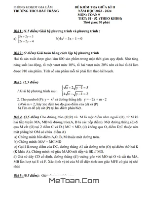 Đề Thi Giữa Kì 2 Toán 9 Năm 2023 - 2024 Trường THCS Bát Tràng - Hà Nội