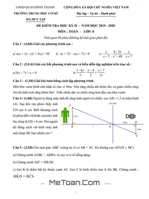 Đề kiểm tra học kì 2 Toán lớp 8 năm 2019 - 2020 trường THCS Hà Huy Tập - TP HCM