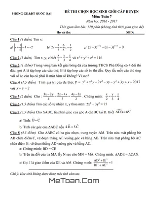 Đề thi học sinh giỏi Toán 7 huyện Quốc Oai - Hà Nội năm 2016 - 2017