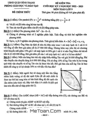 Đề thi học kỳ 2 Toán 9 năm 2022 - 2023 phòng GD&ĐT Bình Thạnh - TP HCM