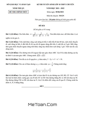 Đề Thi Tuyển Sinh Lớp 10 Chuyên Toán Sở GD&ĐT Ninh Thuận Năm 2021 - 2022