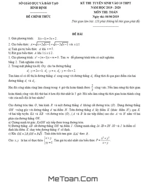 Đề thi tuyển sinh lớp 10 THPT môn Toán năm 2019 - 2020 sở GD&ĐT Bình Định