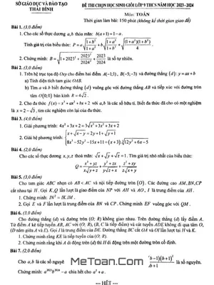 Đề thi học sinh giỏi Toán 9 năm 2023 - 2024 sở GD&ĐT Thái Bình