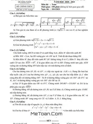 Đề thi học sinh giỏi tỉnh Toán 9 năm 2020 - 2021 Sở GD&ĐT Quảng Nam