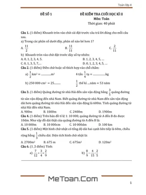 Bộ 10 Đề Thi Cuối Học Kì 2 Môn Toán Lớp 4