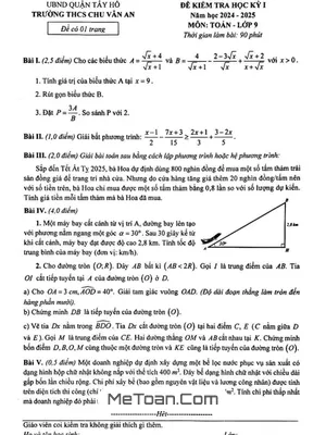 Đề học kỳ 1 Toán 9 năm 2024 - 2025 trường THCS Chu Văn An - Hà Nội