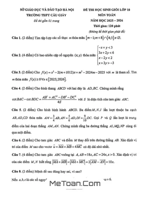 Đề thi Học sinh giỏi Toán 10 năm 2025 – 2026 Trường THPT Cầu Giấy – Hà Nội