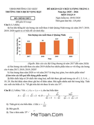 Đề Khảo Sát Toán 9 Tháng 1 Năm 2026 Trường THCS Dịch Vọng Hậu – Hà Nội