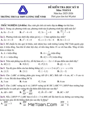 Đề Thi Toán Lớp 8 Học Kỳ 2 Năm 2025-2026 Trường Lương Thế Vinh, Hà Nội