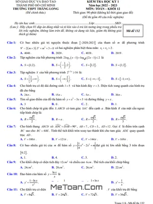 Đề thi học kỳ 1 Toán 12 năm 2022 - 2023 trường THPT Thăng Long - TP.HCM (có đáp án)