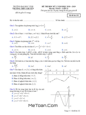 Đề thi HK1 Toán 12 năm 2018 - 2019 trường THPT chuyên Đại học Vinh - Nghệ An