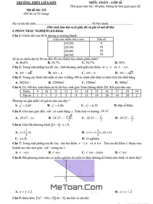 Đề thi giữa học kỳ 2 Toán 10 năm 2020 – 2021 trường THPT Liễn Sơn – Vĩnh Phúc