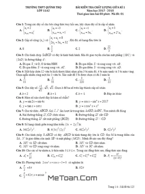 Đề kiểm tra chất lượng giữa kỳ 1 Toán 11 năm 2017 - 2018 trường Quỳnh Thọ - Thái Bình