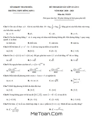 Đề khảo sát Toán 12 lần 1 năm 2020 - 2021 trường Đông Sơn 1 - Thanh Hóa