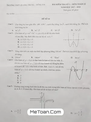Đề thi học kì 2 môn Toán lớp 12 năm 2017 - 2018 trường THPT Quang Trung - Hà Nội