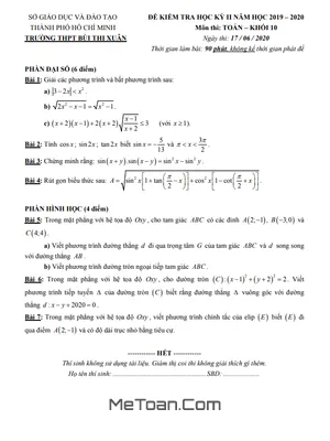 Đề thi học kì 2 môn Toán lớp 10 năm 2019 - 2020 trường THPT Bùi Thị Xuân - TP.HCM (có lời giải)