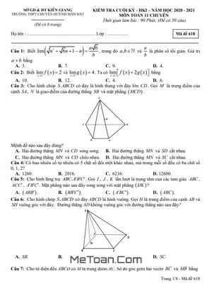 Đề thi HK1 Toán 11 chuyên năm 2020 – 2021 trường chuyên Huỳnh Mẫn Đạt – Kiên Giang