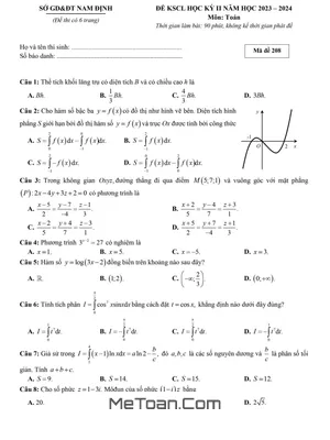Đề thi học kỳ 2 Toán 12 năm 2023 - 2024 sở GD&ĐT Nam Định