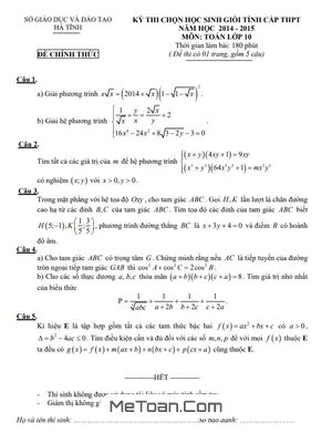 Đề thi HSG Toán 10 cấp tỉnh năm 2014 - 2015 sở GD&ĐT Hà Tĩnh