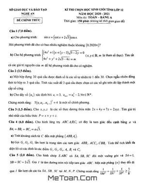 Đề thi học sinh giỏi tỉnh Toán 12 năm 2020 – 2021 sở GD&ĐT Nghệ An (Bảng A)