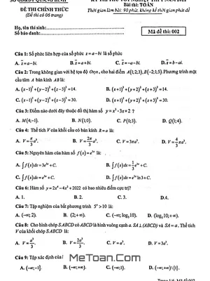 Đề thi thử tốt nghiệp THPT 2022 môn Toán sở GD&ĐT Quảng Bình (Mã đề 002)