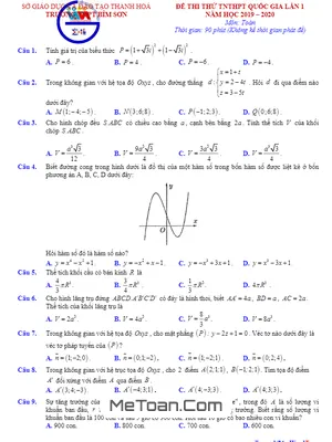 Đề Thi Thử Tốt Nghiệp THPT 2020 Lần 1 Môn Toán - Trường THPT Bỉm Sơn, Thanh Hóa