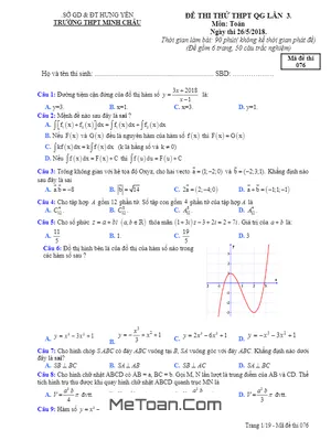Đề thi thử Toán THPTQG 2018 trường THPT Minh Châu – Hưng Yên lần 3