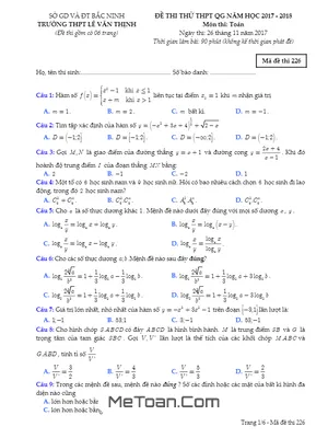 Đề thi thử Toán THPT Quốc gia 2018 trường THPT Lê Văn Thịnh – Bắc Ninh có đáp án
