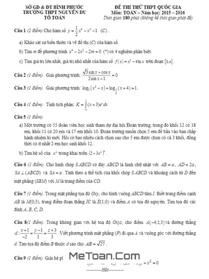 Đề thi thử THPT Quốc gia 2016 môn Toán trường chuyên Nguyễn Du – Bình Phước