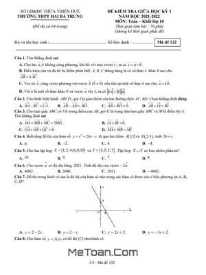 Đề Thi Giữa Kỳ 1 Toán 10 Năm 2021 - 2022 Trường THPT Hai Bà Trưng - TT Huế
