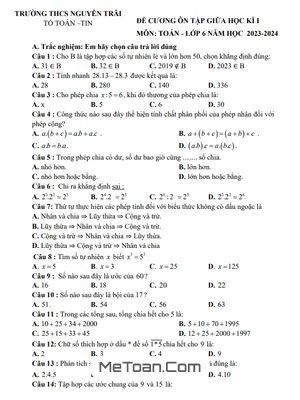 Đề Cương Ôn Tập Giữa Kì 1 Toán 6 Năm 2023 - 2024 Trường THCS Nguyễn Trãi - Quảng Trị