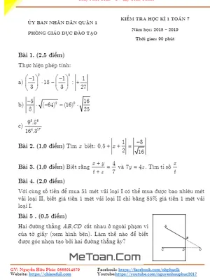 Đề thi học kỳ 1 Toán lớp 7 năm 2018 - 2019 phòng GD&ĐT Quận 1 - TP. HCM