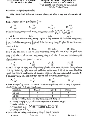 Đề thi giữa kì 2 Toán lớp 6 năm 2022 - 2023 phòng GD&ĐT thành phố Ninh Bình