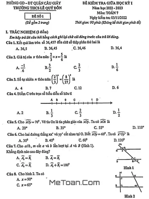 Đề thi giữa kì 1 Toán 7 năm 2022 - 2023 trường THCS Lê Quý Đôn - Hà Nội