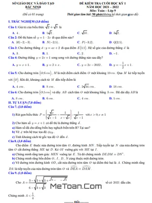 Đề kiểm tra cuối kỳ 1 Toán 9 năm 2021 - 2022 sở GD&ĐT Bắc Ninh